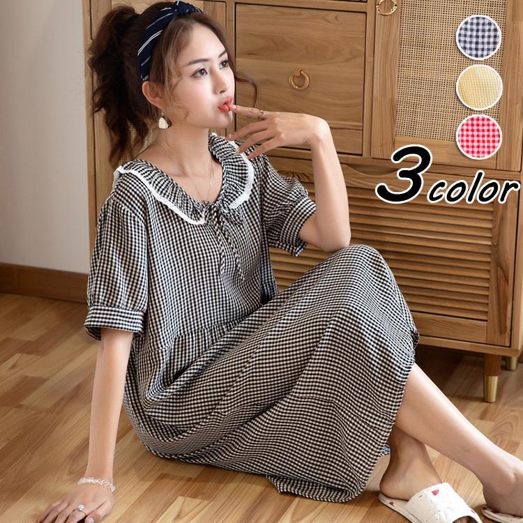 大きいサイズ ネグリジェ 部屋着 寝巻き ルームウェア パジャマ可愛い チェック柄 ロングネグリジェ 半袖ワンピース 春夏パジャマ レディース 【Primepic】【急速出荷】ネグリジェ