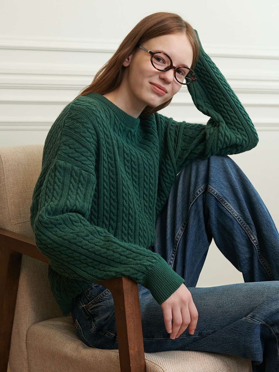 ノンウォッシュオーバーシルエットラウンドネックニット グリーン