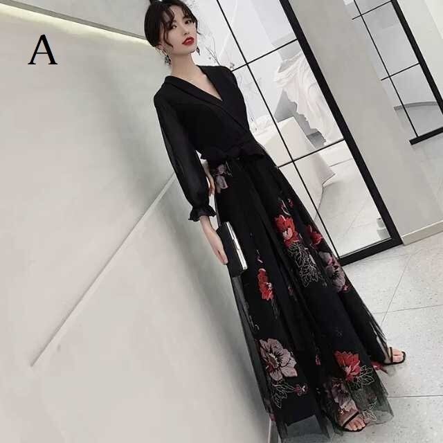 ロングドレス 演奏会 袖付き パーティードレス 黒 大きいサイズ 個性的 ロング かっこいい 韓国
