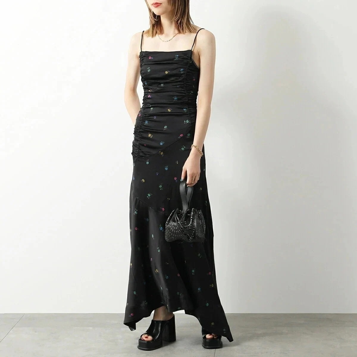 GANNI ガニー ワンピース F8974 6757 レディース ストレッチサテン フラワープリント ギャザー フレア キャミソール ドレス マキシロング丈 0 【mega】