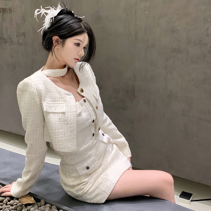 セットアップ レディース ワンピース ジャケット クロップド クロップド丈 ミニスカート タイトスカート 長袖 ラウンドネック 襟なし ホルターネック デコルテ デコルテ開き スリム 細身