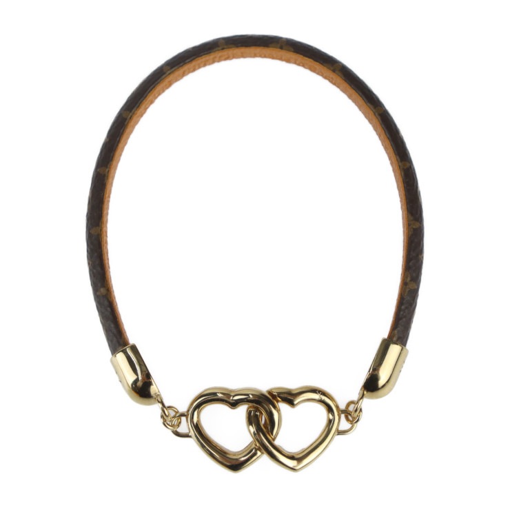 超美品 LOUIS VUITTON ルイ ヴィトン ブレスレット M6758 ブラスレ・セイ イエス モノグラム 表記サイズ 19 PVCコーティングキャンバス レザー ブラウン ゴールド金具 本物保