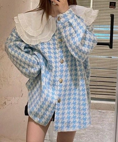 レディース トップス ジャケット カーディガン アウター 前開き ミディアム ウール ショート 長袖 ラウンドネック 襟付き 丸襟 ビッグカラー ドッキング オーバーサイズ フェミニン レース