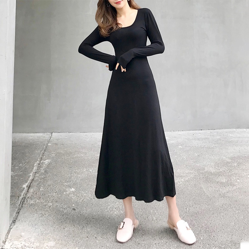 ワンピース フレアワンピース ロング ロング丈 袖あり 長袖 萌袖 ラウンドネック 襟なし フレア Aライン 伸縮性 綿 厚手 かわいい 大人可愛い シンプル カジュアル 大人 おしゃれ お洒落