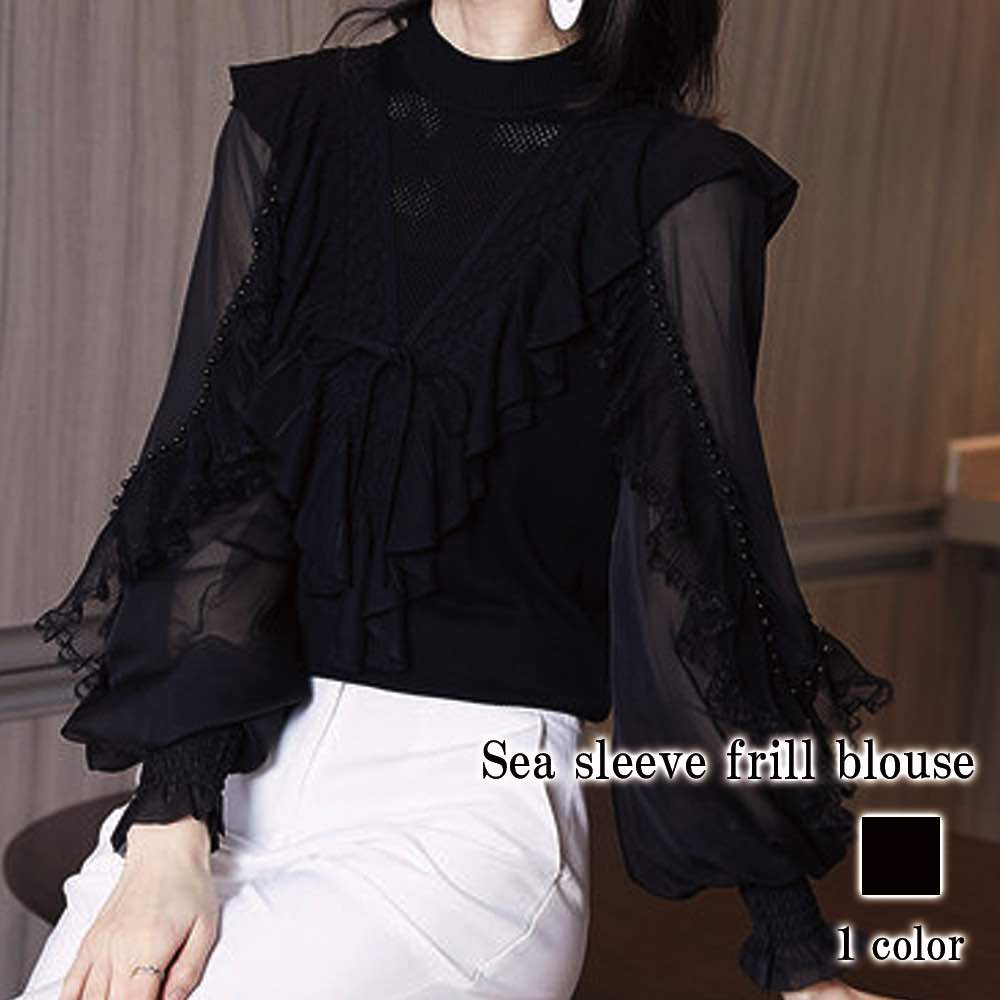 ブラウス レディース シアー袖フリルブラウス おしゃれ 秋 黒 カットソー Tシャツ フリル レース オフィス ワンピース 長袖 白 フォーマル 高品質 人気 シフォン 春 シャツ ノーアイロン ブラ