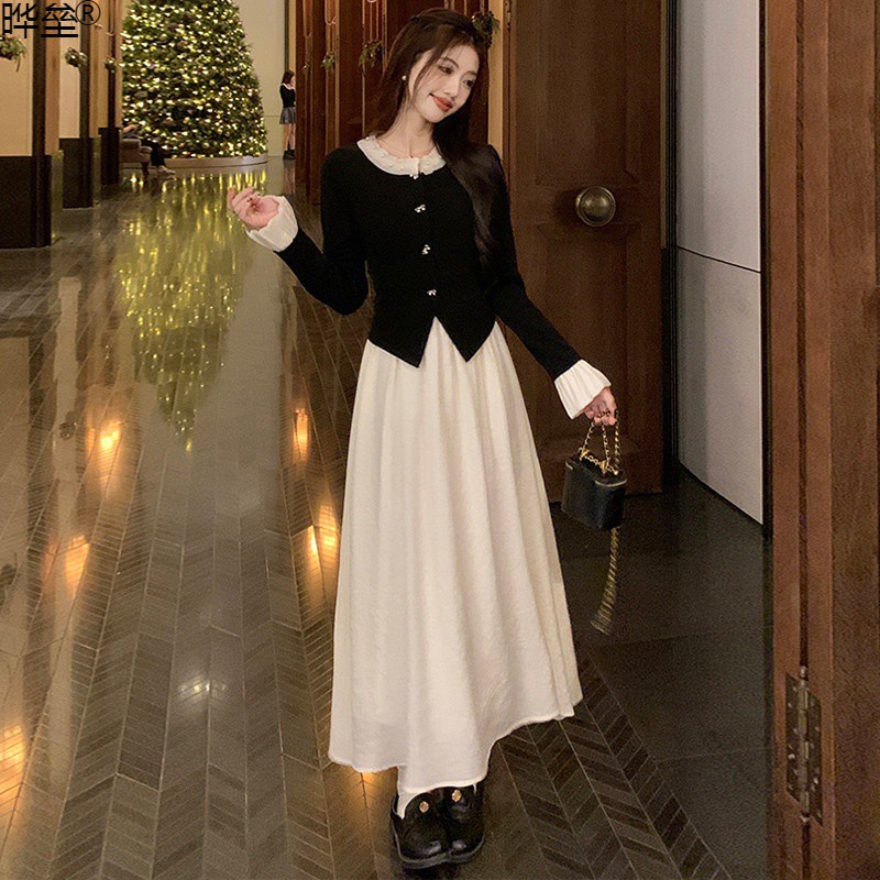 女性用超素敵なフェイクツーピースドレス秋冬スタイルリトルブラックドレスミドル丈イェ