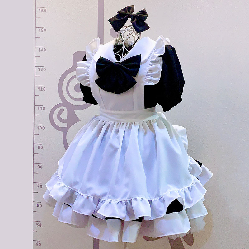 クラッシク 黒白メイド服 丸襟 2個黒蝶結び 白フリル