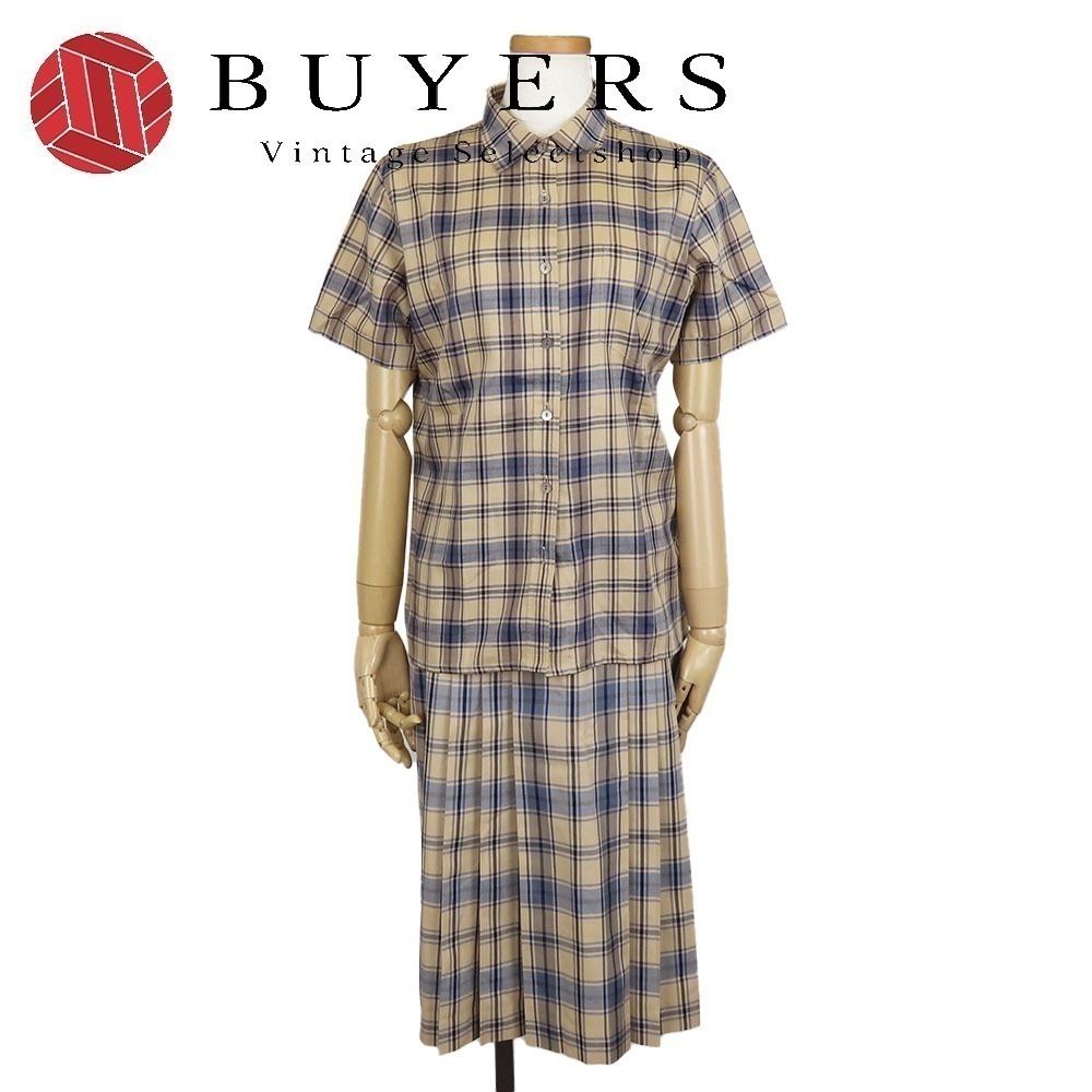 中古 セットアップ ポリエステル コットン ベージュ ブルー シャツ スカート チェック レディース 女性