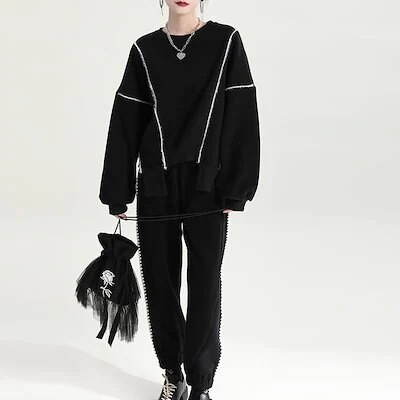 2024新作 Tシャツカットソー秋アウター新商品お洒落スウエット丸ネックスリット不規則設計感ありコントラストカラー上着YF81安い