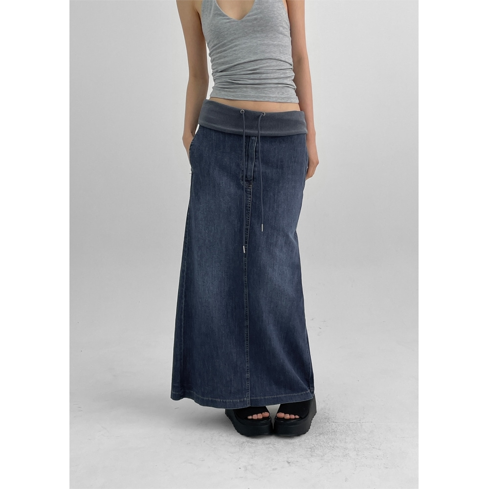 ブラックアップベルノワール折りたたみデニムロングスカート