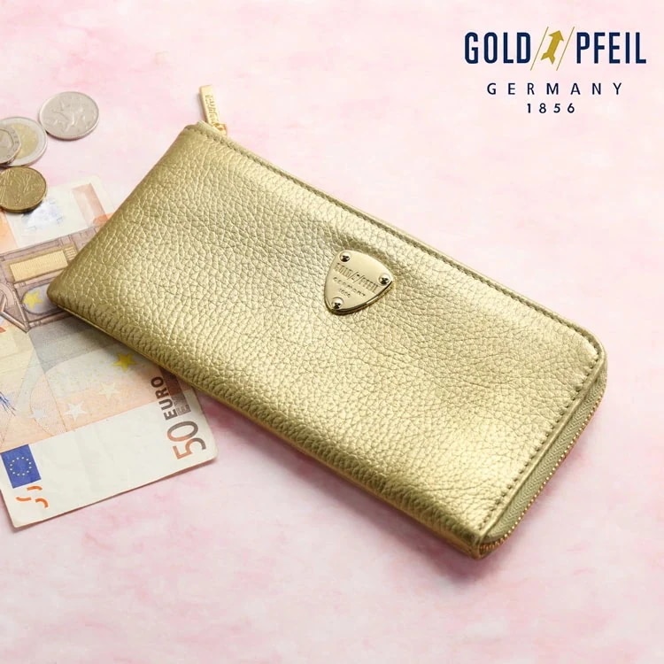 長財布 レディース 本革 L字ファスナー ブランド 革 ゴールドカラー 牛革 財布 スリム 薄型 GOLD PFEIL レザー 小銭入れ 可愛い ゴールド 金色 金運 金運財布 母の日 ギフト プレゼ