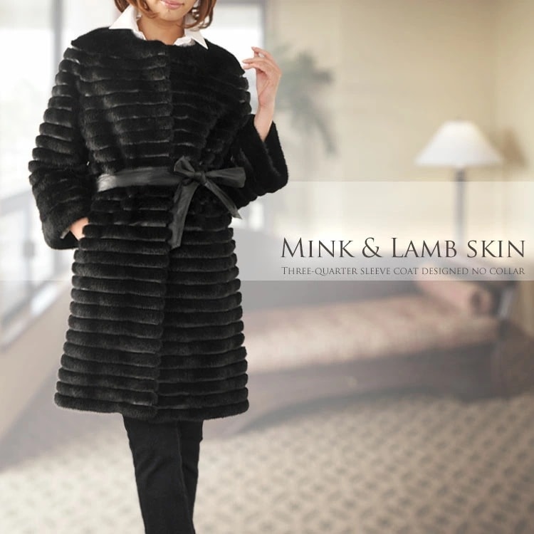 ミンクノーカラーコート七分袖デザイン/ブラックKOPENHAGENFUR
