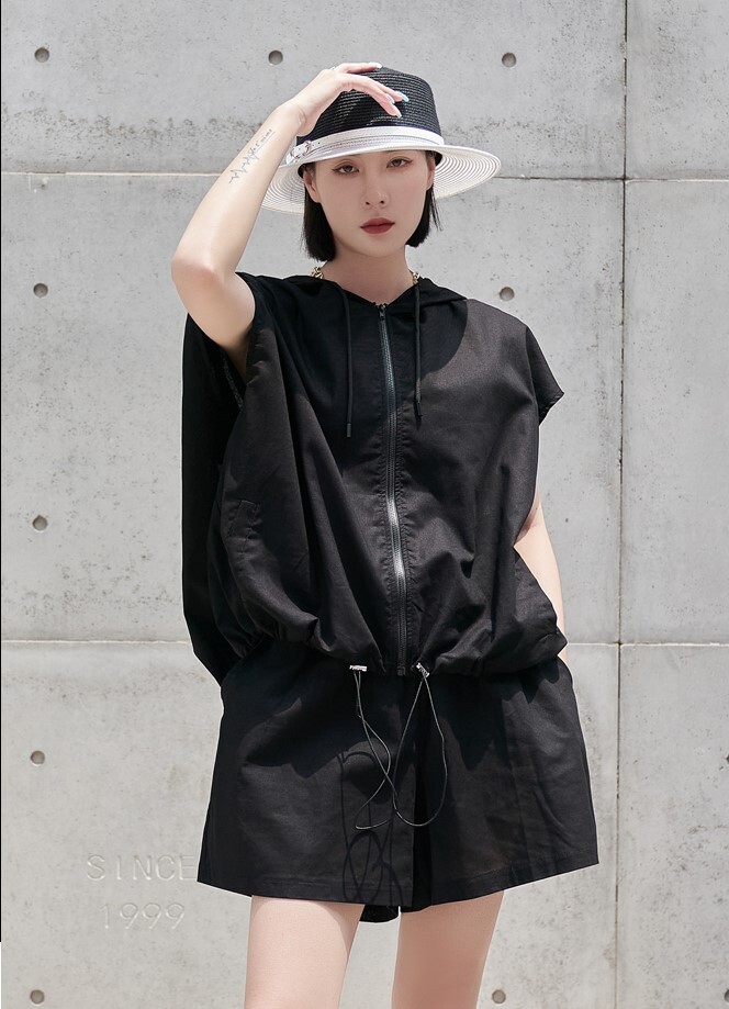 セットアップ パーカー フーディー ベスト 半袖 フレンチスリーブ ファスナー ジップアップ ショートパンツ 短パン 綿 麻 リネン 上下セット 2点セット かわいい 大人可愛い きれいめ シンプル