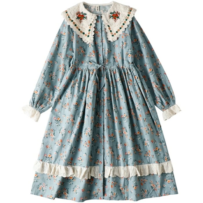【急速出荷】ロングワンピース 春 夏 秋 ワンピース 長袖 可愛い ゆったり レディース フリル 前開き 綿麻 ビッグカラー 折り襟 刺繍 レース 前開き 羽織り 重ね着