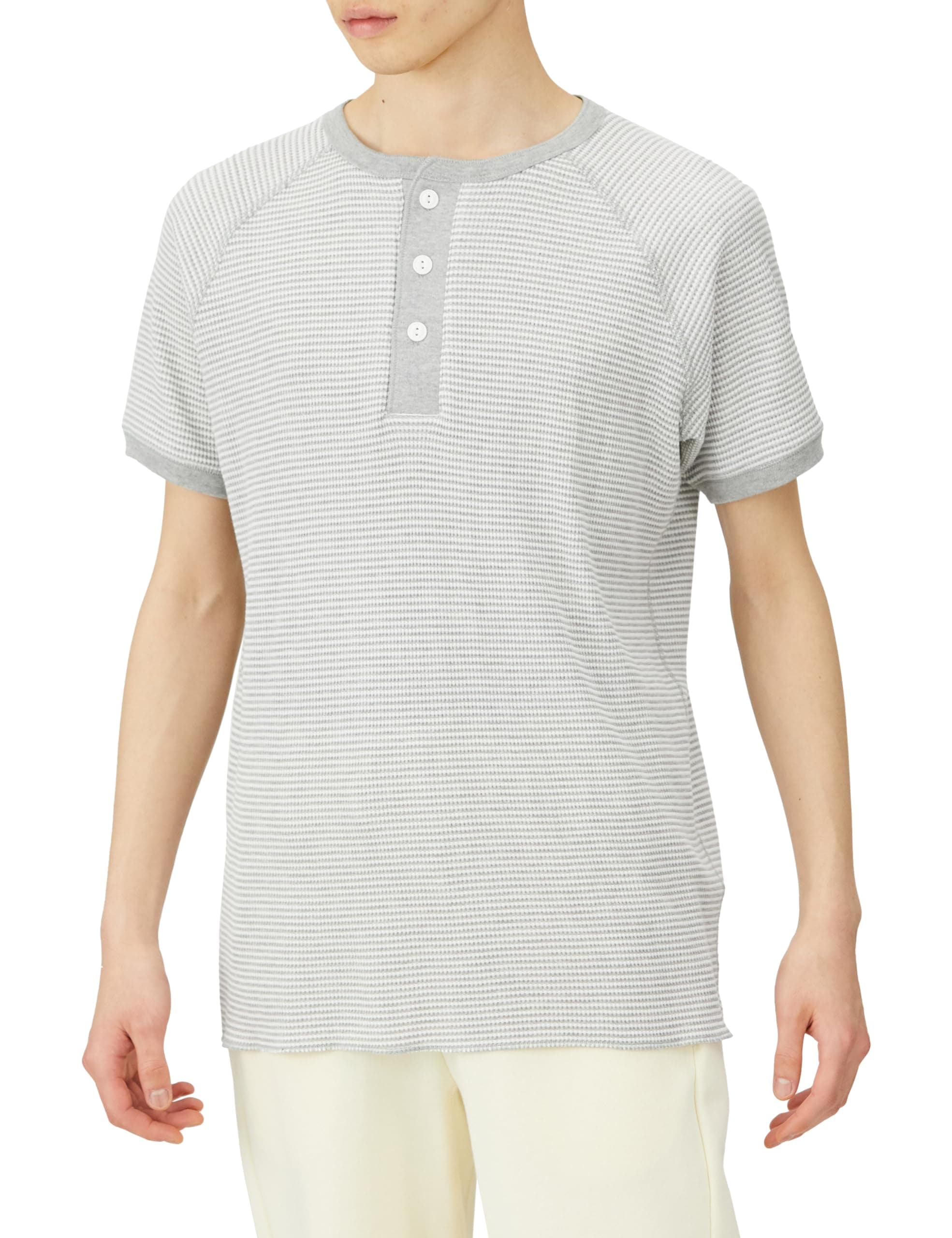 [フルーツオブザルーム] カジュアル ワッフル生地 サーマル パックＴシャツ ボーダーＴシャツ ヘンリーネック グレー