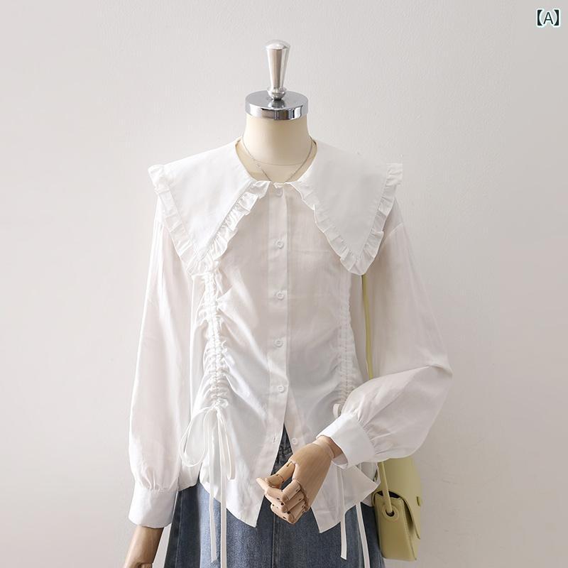 レディース シャツ ブラウス フリルのドール襟 セーラー襟 白 長袖 春秋 プリーツ 巾着ループ シック シングルブレスト エレガント ユニークデザイン モダン 上品 フェミニン おしゃれ