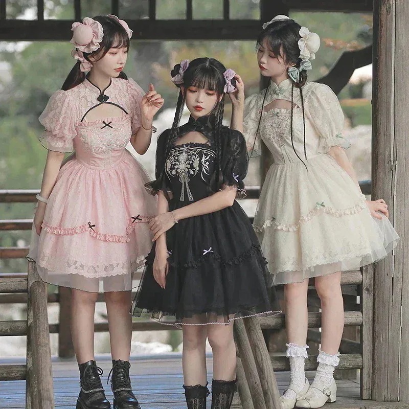 中華ロリータ レースロリータドレス カップ付きワンピース チャイナ風ワンピース コスプレ ロリータワンピース コスチューム jsk 刺繍 文化祭 ボウタイ ゴスロリップグレード
