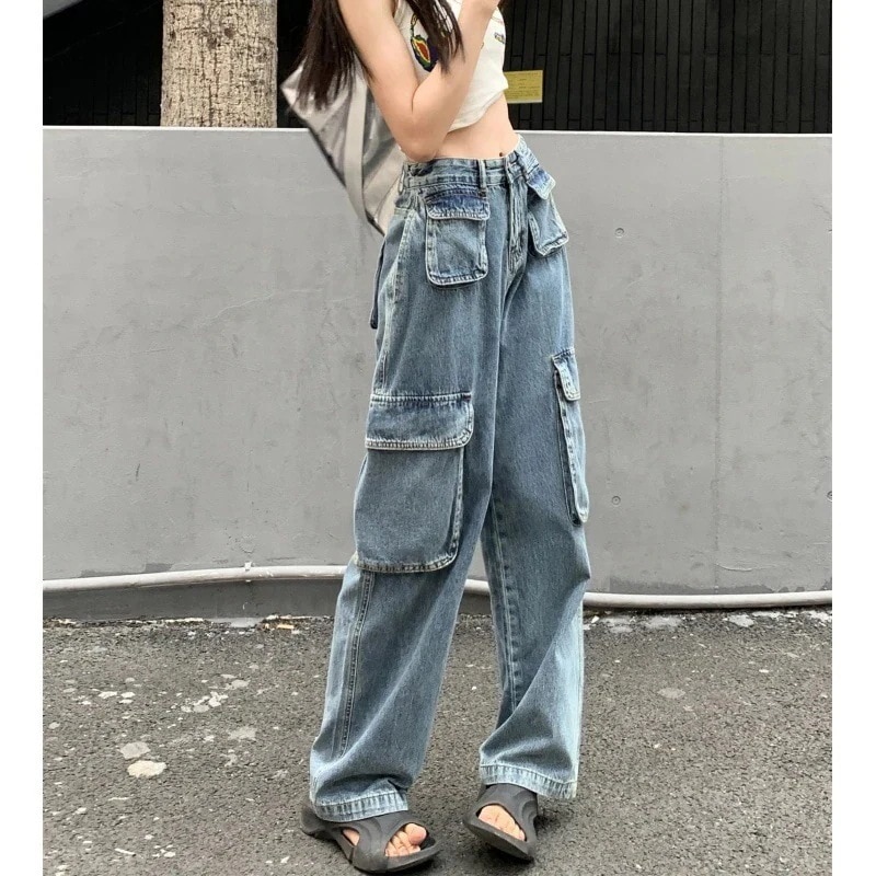 ゆったり カーゴパンツ デニムボトムス ストレート ワイドパンツ ジーンズ モップパンツ デニム