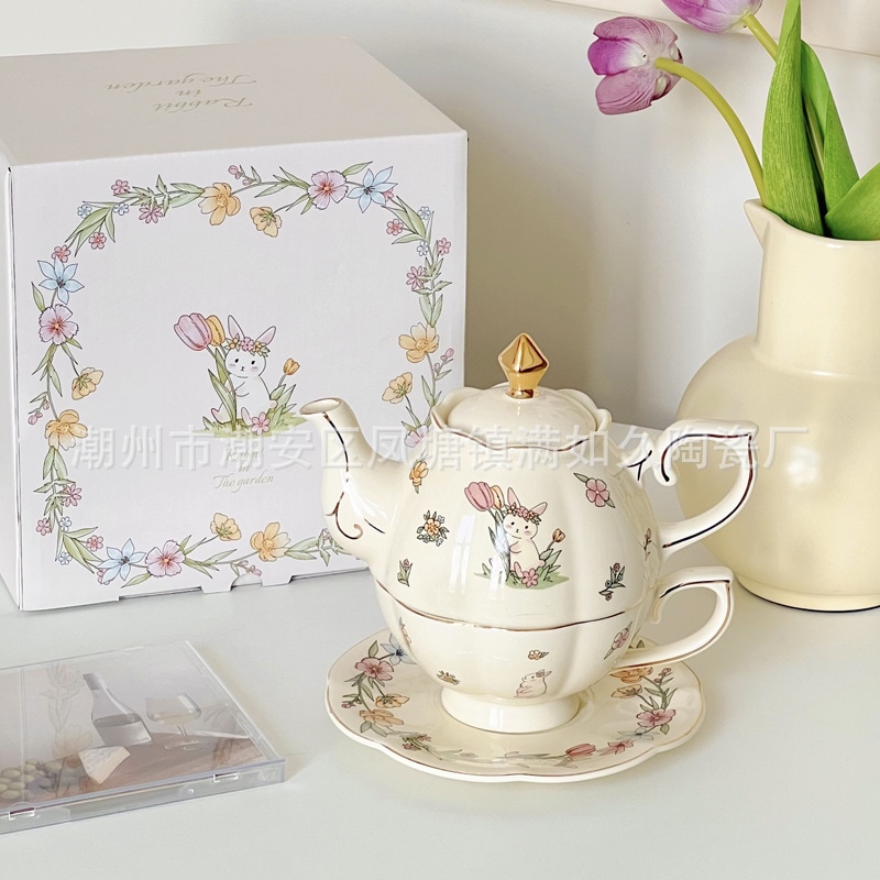 新しい母子ポットウサギセラミックティーポットコーヒーカップとソーサーセット女の子の誕生日新築祝いのギフト高級イン