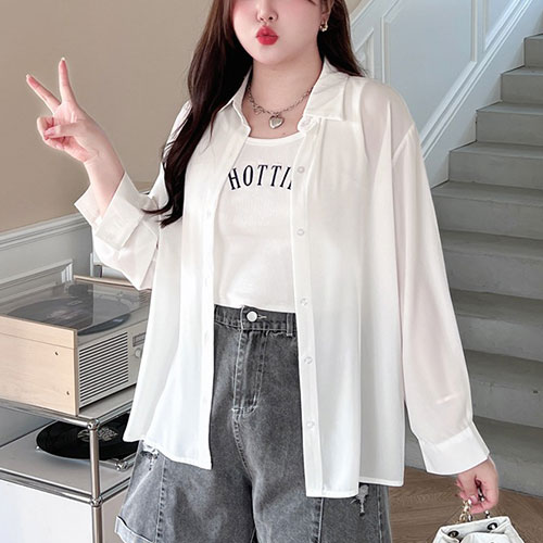 大きいサイズ レディース トップス シャツ ブラウス シアーオーバーサイズシャツ シアーシャツ 長袖 ギャザー ボタン 透け感 羽織 シアー 無地 韓国ファッション 夏新作 春服 秋服 LL 2L 3