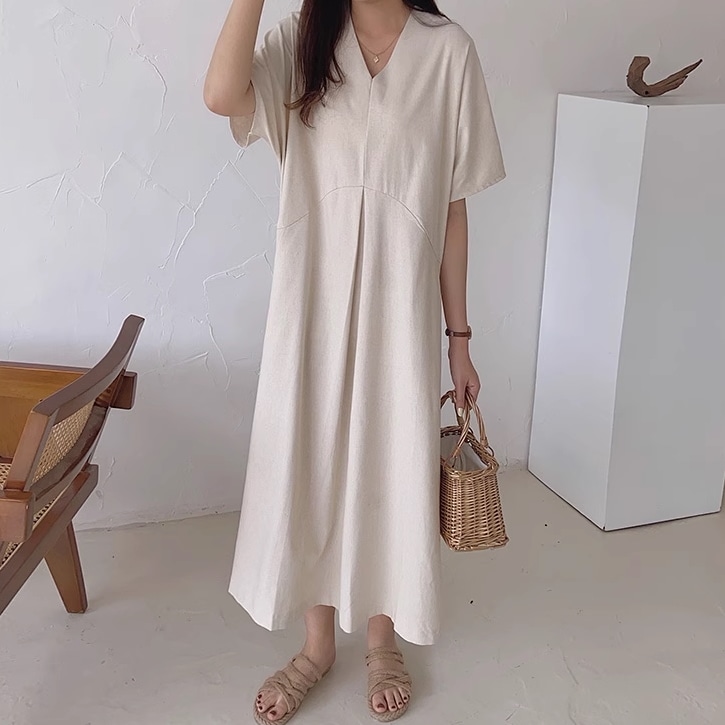 レディース スカート ワンピース プルオーバー ロングスカート ミモレ 半袖 Vネック 襟なし ワイド ポケット 薄手 かわいい 大人可愛い きれいめ シンプル カジュアル 上品 おしゃれ レトロ