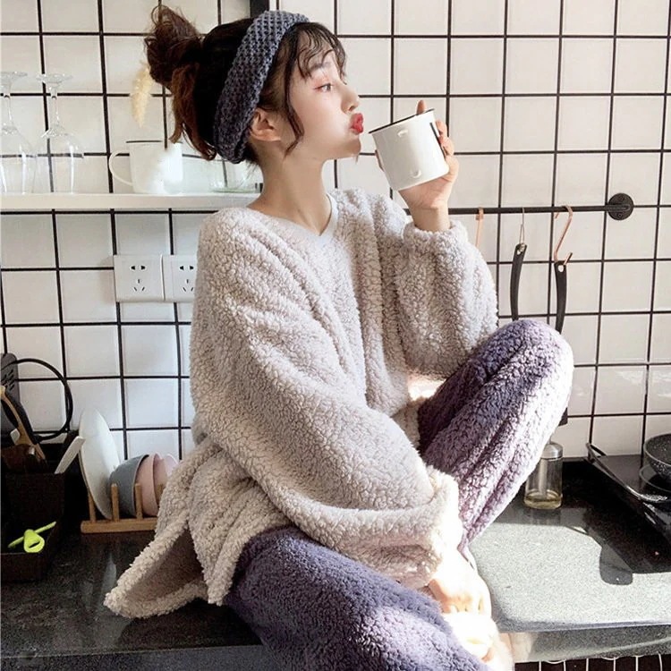 パジャマモコモコルームウェアレディース秋冬長袖パジャマフランネルルームウェア暖かい上