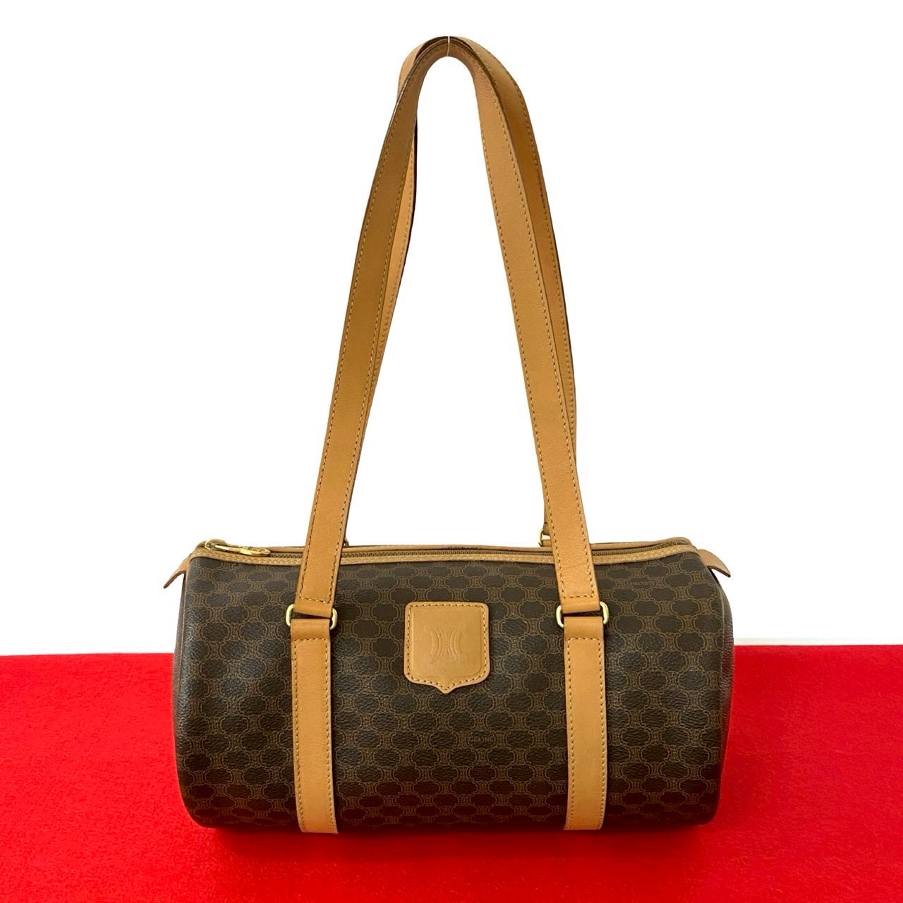 ヴィンテージ マカダム ブラゾン 柄 トリオンフ ロゴハンドバッグ レザー PVC ブラウン l34-2