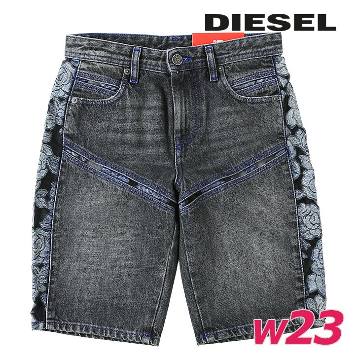 デニムショートパンツ ハーフパンツ レディース DE-GINNY-FSB1 ヴィンテージウォッシュ加工 ボタニカル柄レース切替 die-l-p-g4-470