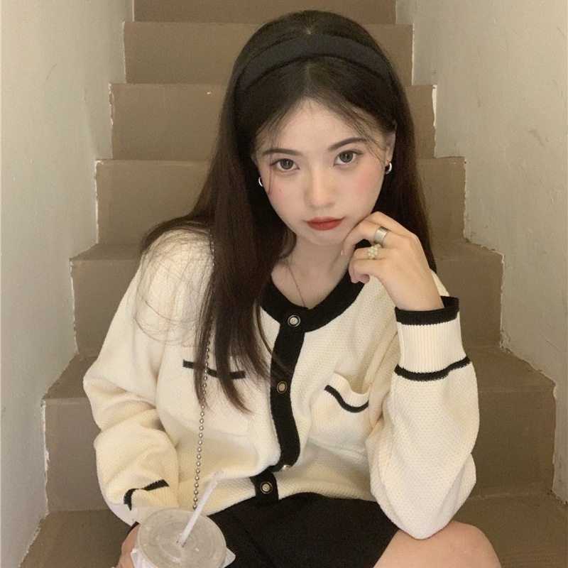 2カラー アウター トップス カーディガン レディース ニット ニットカーディガン 丈短め ラウンドネック 前開き 長袖 ビジュー バイカラー ピンク ホワイト 女性らしい きれいめ レトロ