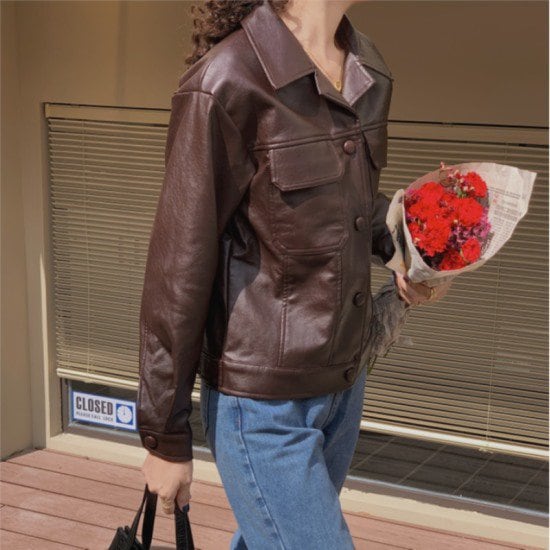 【取寄：納期2週間】レザージャケット PUレザー レディース 韓国 ファッション ショート 大人カジュアル 秋冬 ジャケット 長袖 ボタンフロント フェイクレザージャケット ブラウン おしゃれ