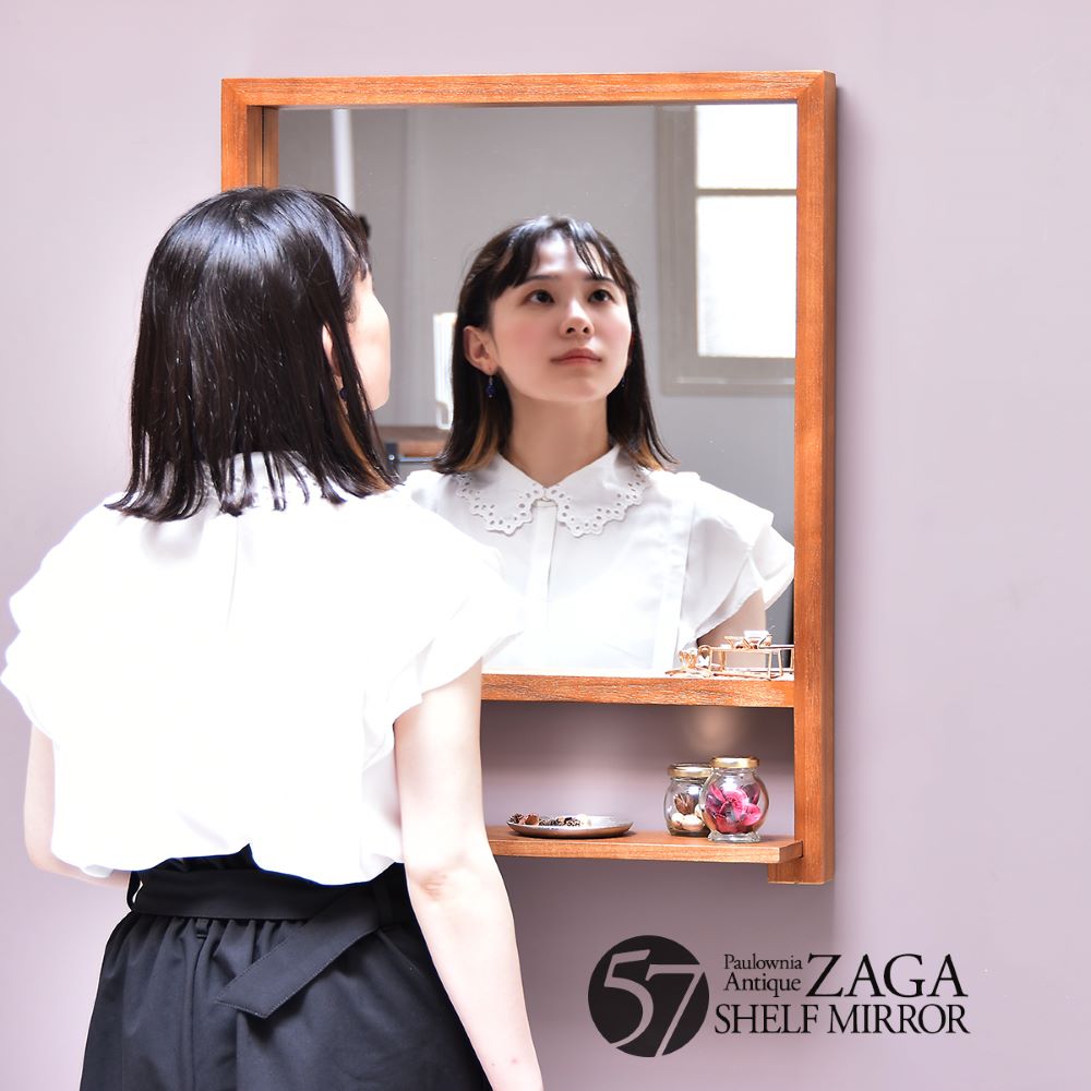 壁掛けミラー 棚付き ブラウン 天然木 ZAGA ZAMI0135MOBRN