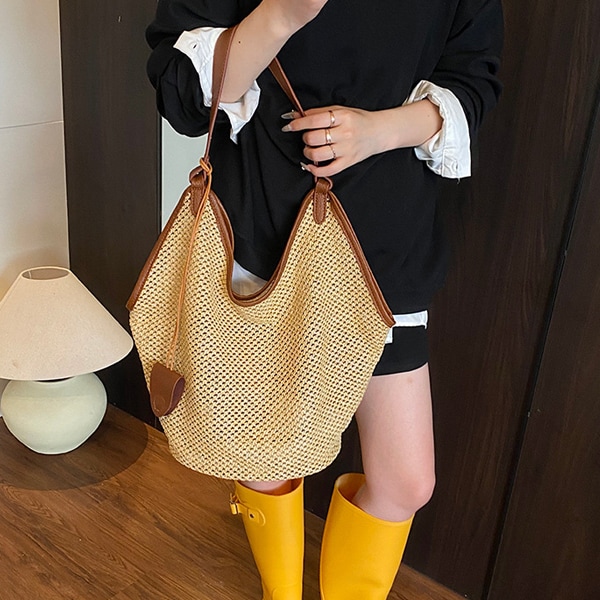 韓国ファッション ビーチ エコバッグ レザー 配色 編み ラタン ショルダーバッグ