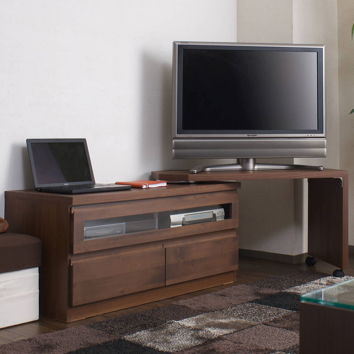 伸縮 テレビ台 回転盤付 アルダー前板 幅107ー166cm ダークブラウン テレビボード TV台 テレビラック 天然木 日本製 完成品 収納 木製 TVラック フラップ扉 AVボード