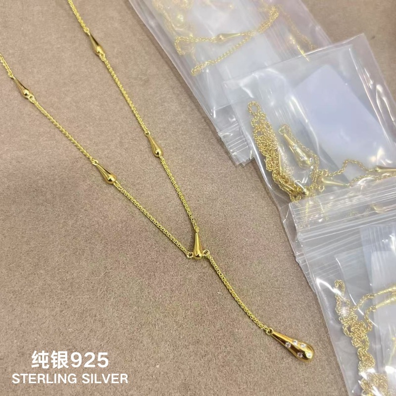 スターリングシルバーS925ヴィンテージスリムウエストフレンチエレガンスY字型ネックレスセーターチェーンミニマリストウォータードロップライトラグジュアリー