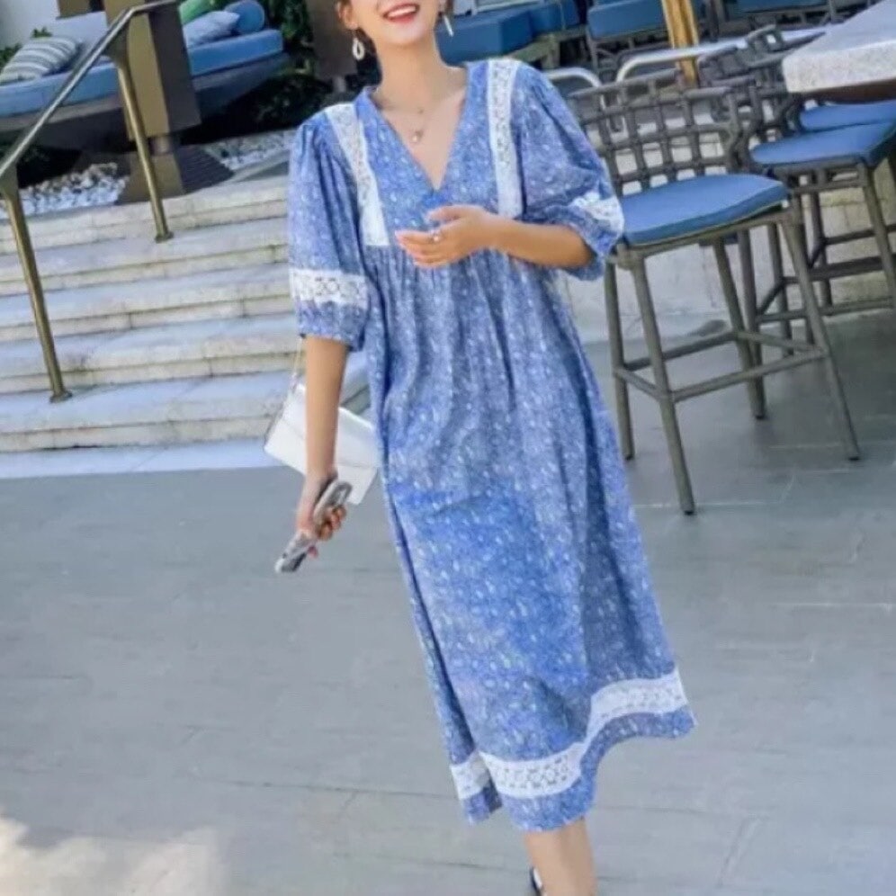 ワンピース 半袖 夏 カジュアル マキシ ミモレ丈 五分袖 Vネック 細身 Iライン レース 透け感 青 ブルー S M ジャスト かわいい 大人可愛い きれいめ シンプル カジュアル 大人 上品 お