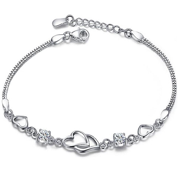 ブレスレット レディース プレゼント 女性 2粒 ハートモチーフ プラチナ仕上げ シルバー925 女性 プレゼント 彼女 嫁 妻 娘 母 ギフトラッピング対応 agesugi_sfa