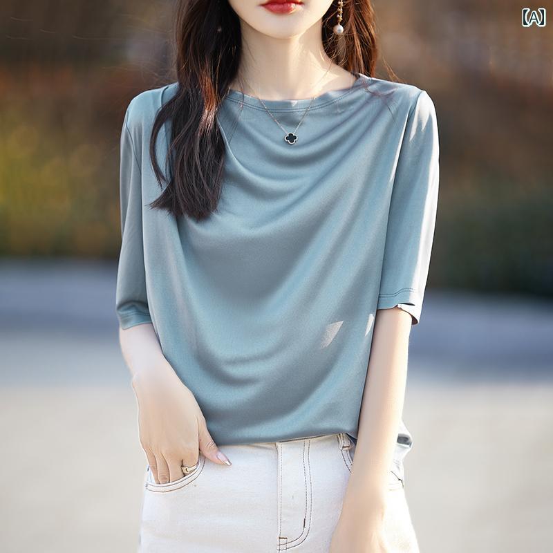 レディース ファッション トップス シンプル おしゃれ レディース ファッション トップス トリアセテート Tシャツ 半袖 プリーツ ラウンドネック ボトム Tシャツ 夏 薄手 涼しい 涼しい