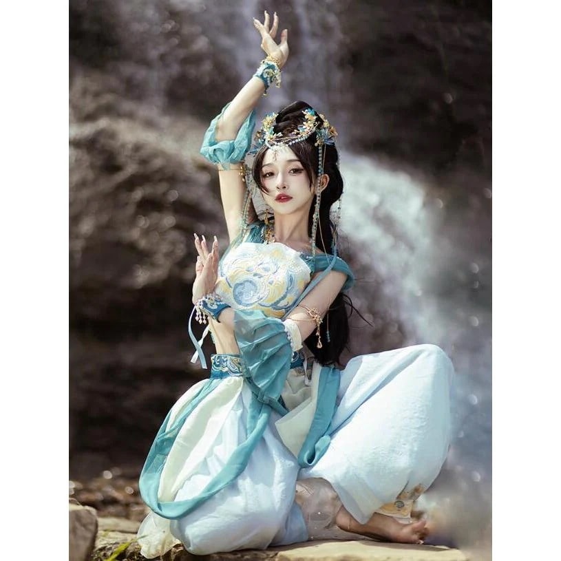 レディース中華風アラビアン漢服　飛天漢唐衣装　豪華古典宮廷舞踊衣裳 演目ダンス衣裳 アジア ベリーダンス衣装　刺繍異国風情トップス マント ロング丈パ30%までに制限