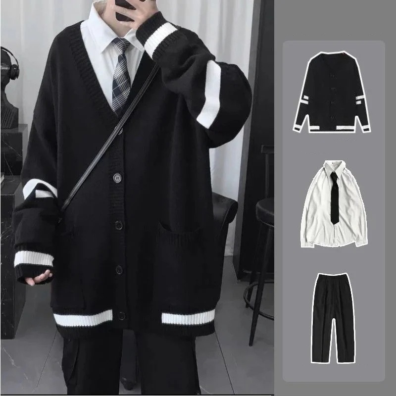 おしゃれ 3点セット メンズ Vネック ニットカーディガン+長袖シャツ+ロングズボン カジュアル セットアップ新入荷