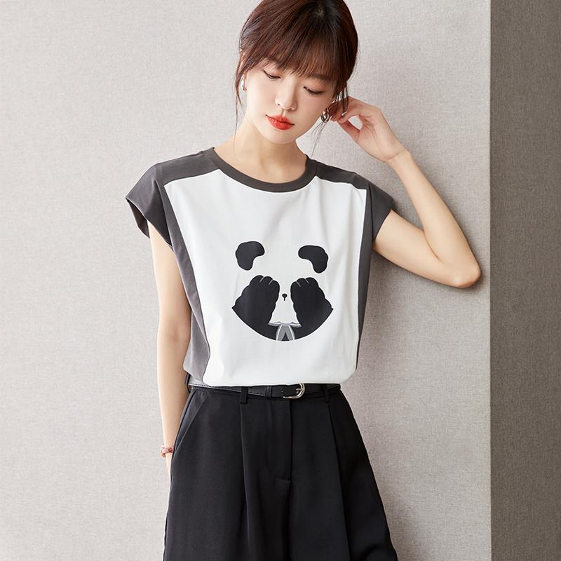 漫画パンダプリント半袖tシャツ新型衝突色デザイン感袖なしゆるい肩人気ワイシャツ 5,160円