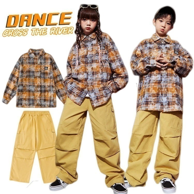 【即納】キッズ ダンス衣装 黄色 セットアップ 長袖 女の子 男の子 かっこいい ヒップホップ 花柄シャツ 韓国 衣装 ジャズダンス ワイドパンツ カーゴパンツ 子供服 男女兼用 イベント ステージ