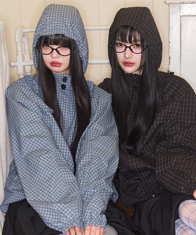 オブリックフリルフードジャケットチェックブルー