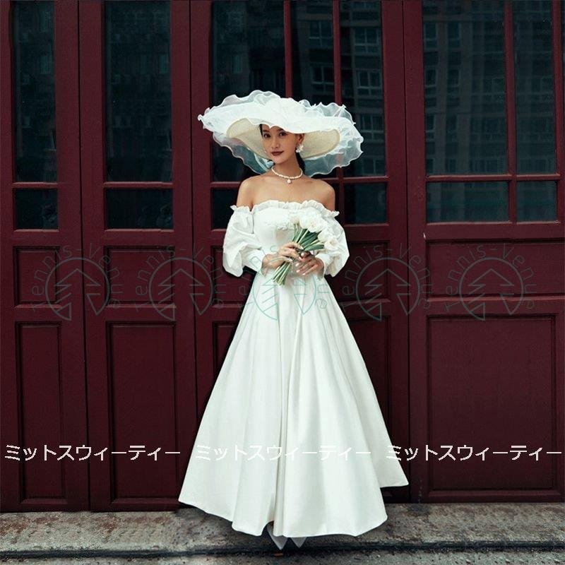 ウェディングドレス 二次会 リゾートドレス 結婚式 ブライダル 長袖 オフショルダー サテン 前撮り