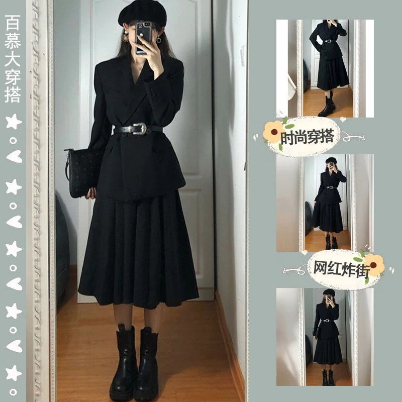 2024年秋気質スーツ長袖フロントショルダースーツ小さめジャケットハイウエストスリムスカートレディースツーピースセット