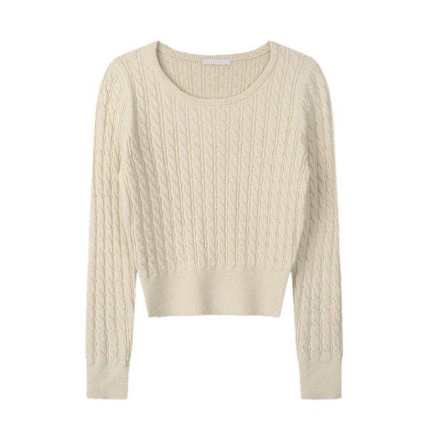 女性シームレスモーダルケーブルUネック長袖ニットTシャツ SGW-KN-Q047-クリーム