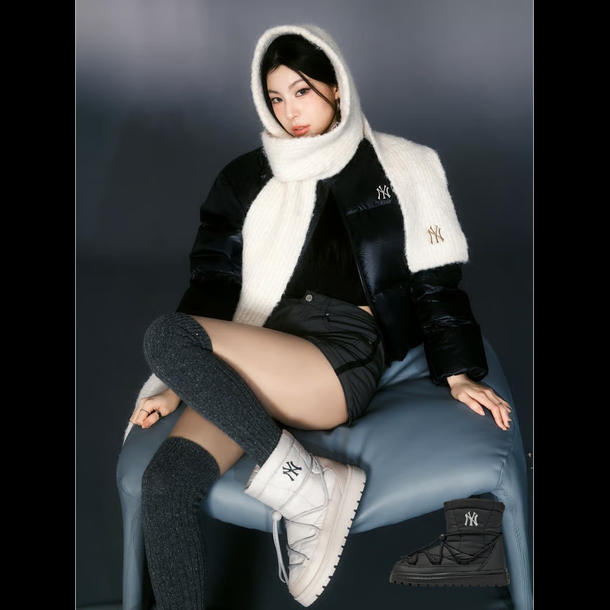 [カリナPICK]**カリーナブーツ**カーブ ダウン ブーツ ミッド レース ニューヨーク ヤンキース(Beige/Black)