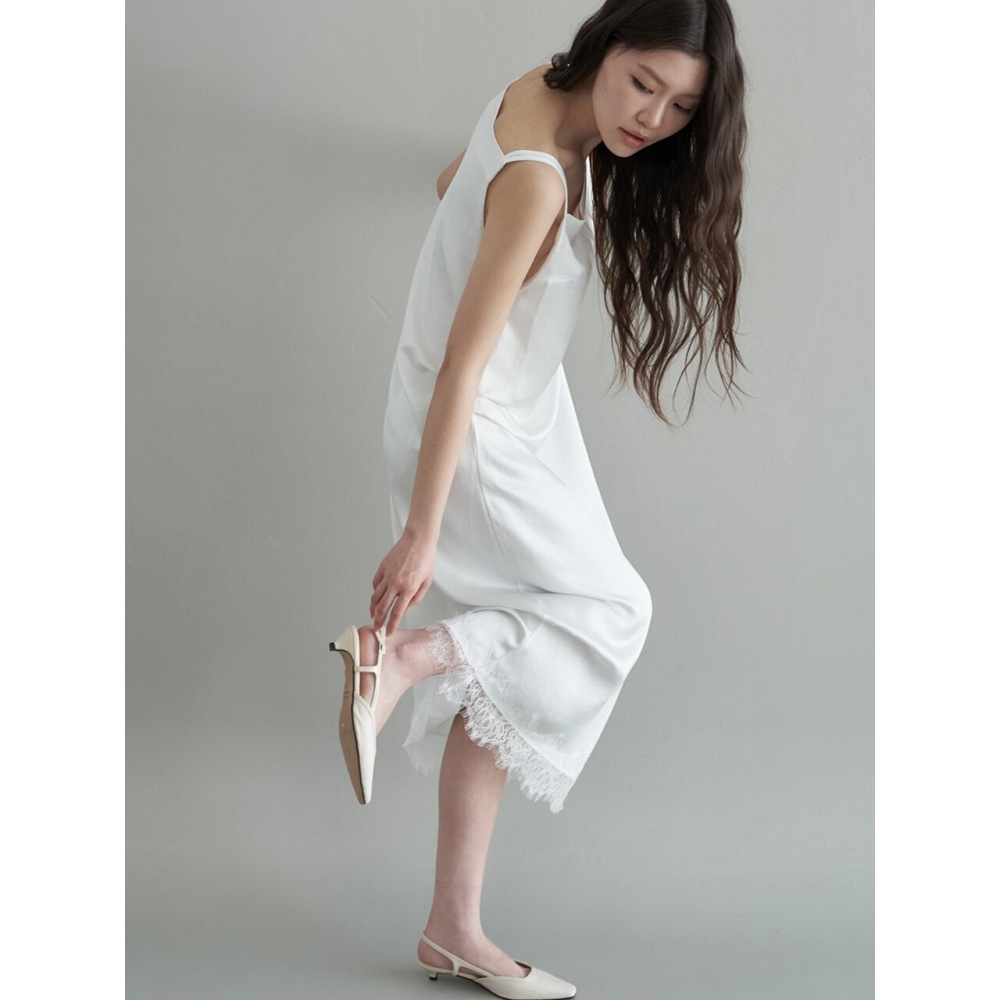 DESIGNOWOL サテンレースアシンメトリースリップドレスソフトホワイト