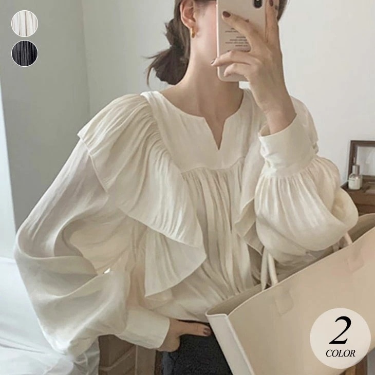 【2025新作 急速出荷】フリル袖 ギャザー プリーツ プルオーバー ブラウス トップス 長袖 袖コンシャス フリル フレア 無地 光沢 きれいめ 上品 オケージョン カジュアル フェミニン 可愛い