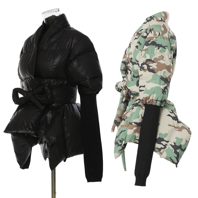 【Europe Style.OF】おしゃれ 中綿コート ニット袖ドッキング 秋冬 ジャケット 迷彩 黒 2色 レディース アウター