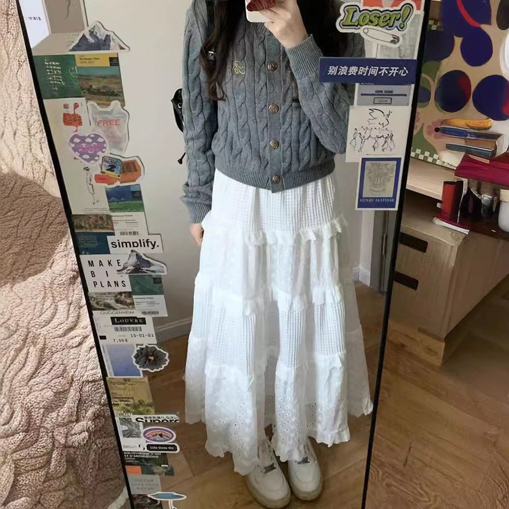 【1つ買うと10つ無料】女性のための白いスカート春と秋2025年春ハイウエスト ラインスカートスモールロングスカートレースふわふわケーキスカート